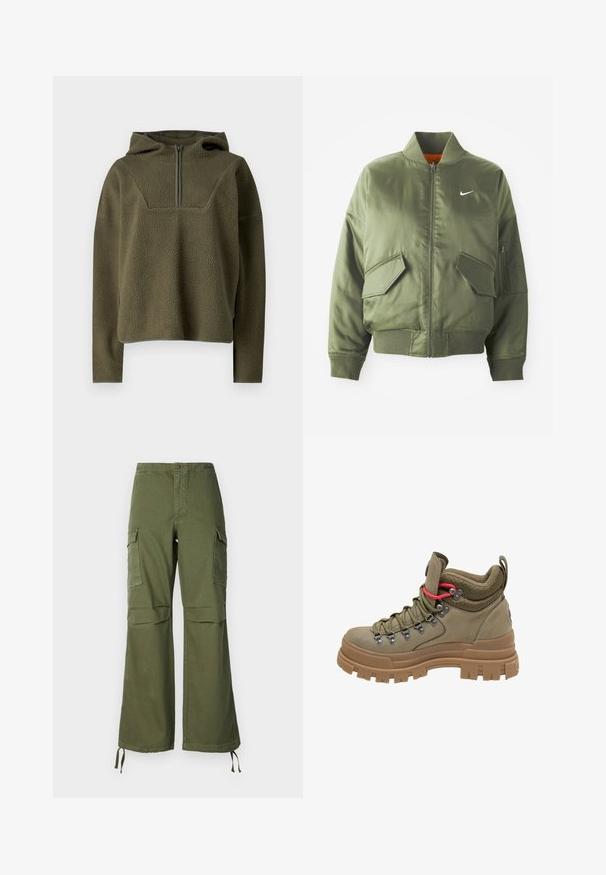 Olivenfarbene Bomberjacke mit geripptem Kragen und Bündchen, Reißverschluss, zwei Fronttaschen und einer seitlichen Reißverschlusstasche. Mit Nike-Logo in Weiß.; Olivgrüner Fleece-Pullover mit Kapuze, halbem Reißverschluss vorne, strukturiertem Stoff und kontrastierenden Besätzen am Saum und den Bündchen.; Olivegrüne Cargo-Hose aus Baumwolle mit weitem Bein, zwei Seitentaschen und verstellbaren Bändern am Saum.; Hoher Wanderschuh in Olivgrün mit dicker brauner Gummisohle, gepolstertem Mesh-Kragen, Metallösen und rotem Akzent-Schnürsenkel-Loch.