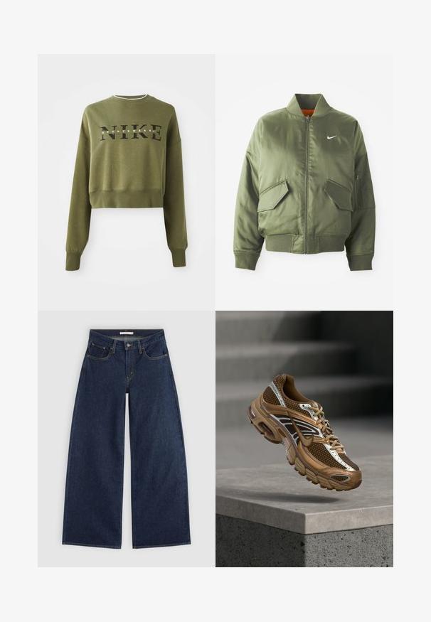 Olivengrøn bomberjakke med ribbet krave og manchetter, lynlås-lukning, to frontlommer og en sidelomme med lynlås. Har Nike-logo i hvid.; Olivenfarvet cropped sweatshirt med lange ærmer, rund halsudskæring og sort 'NIKE' logo over brystet. Blødt stof og ribbede manchetter.; Mørkeblå vidde cowboybukser med forlommer, bæltestropper og knaplukning, vist fladt på en lys baggrund.; Brun og tan Nike sneaker med mesh og reflekterende detaljer, der svæver over en betonbeklædning mod en sløret grå baggrund.