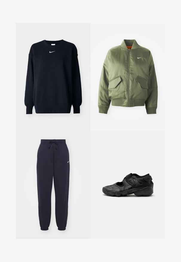 Olivovo zelená bomber bunda s vypčím golierom a manžetami, zipsovým zapínaním, dvoma prednými vreckami a bočným vreckom na zips. Obsahuje logo Nike v bielej farbe.; Čierna mikina vyrobená z bavlnenej zmesi; rebrovaný okrúhly výstrih, dlhé rukávy a elastické manžety; s malým strieborným logom Nike na hrudi.; Nike tepláky v námornej modrej farbe, vyrobené z mäkkého materiálu. Obsahujú elastický pás s šnúrkou a sťahovacie nohavice. Malý biely logotyp ako akcent.; Čierna športová sandála s uzavretou špičkou, suchými zipsami na priehlavku a päte a hrubou vystlanou podrážkou označenou "AIR" na boku.