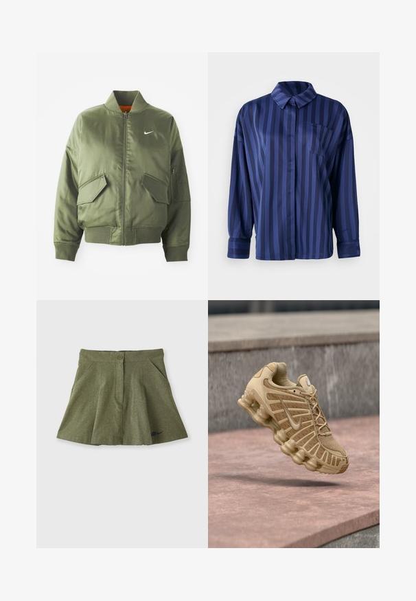Olive rohelise värvi bomber-jakk ribidega krae ja varrukate, tõmbluku sulgemise, kahe ees oleva tasku ja ühe küljetaskuga. Omab valget Nike logo.; Tumesinise triibuline särk krae, rinna tasku ja pikkade varrukatega. Valmistatud siledast, läikivast kangast, millel on vabalt langev lõige.; Nike Sportswear X NAOMI OSAKA SKIRT - Miniseelik - medium olive/blackened blue; Beežid sportkingad võrgusilma pealisega ja struktureeritud toestusega, millel on polsterdatud tallad nähtavate õhuüksustega ja tekstuurse detailiga.