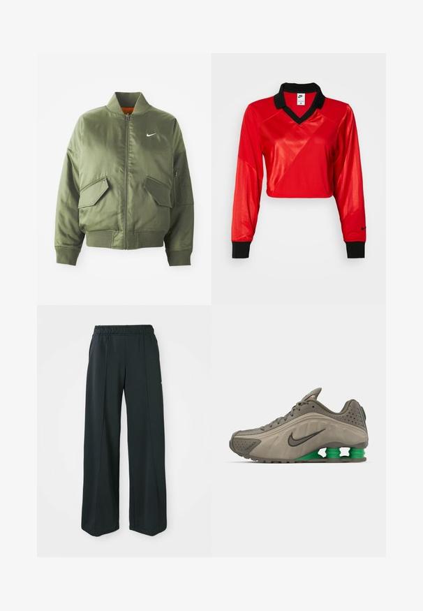 Olivovo zelená bomber bunda s vypčím golierom a manžetami, zipsovým zapínaním, dvoma prednými vreckami a bočným vreckom na zips. Obsahuje logo Nike v bielej farbe.; Červený skrátený športový top s čiernym golierom, dlhými rukávmi, s textúrovaným vzorom a logom Nike na rukáve. Hladká a lesklá látka.; Čierne, široké športové nohavice s elastickým pásom. Vyrobené z hladkej, pružnej tkaniny, s jemnými prednými švami a bez vreciek.; Nike tenisky v olivovo zelenej farbe s hladkým povrchom, perforovanými detailmi, čiernymi akcentmi a zeleným polstrovaním na päte. Ľahký, aerodynamický dizajn.