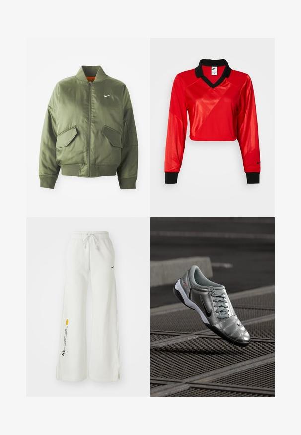 Chaqueta bomber verde oliva con cuello y puños acanalados, cierre de cremallera, dos bolsillos frontales y un bolsillo lateral con cremallera. Presenta el logo de Nike en blanco.; Top deportivo corto rojo con cuello negro, mangas largas, con un patrón texturizado y el logo de Nike en la manga. Tejido suave y brillante.; Pantalones de chándal blancos y de pierna ancha con cintura elástica, cordón, aberturas laterales, logo negro de Nike y texto gráfico en amarillo contrastante.; Zapatilla de Nike plateada con acabado suave, que presenta un diseño de cordones y una suela negra. Parte superior texturizada con acentos sutiles y logotipo.