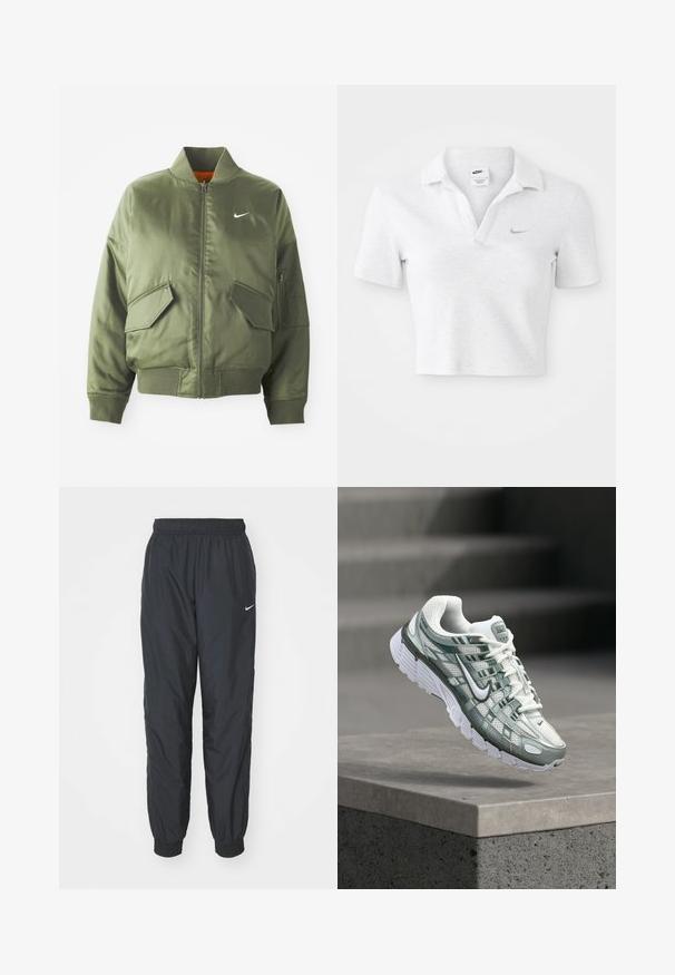 Chaqueta bomber verde oliva con cuello y puños acanalados, cierre de cremallera, dos bolsillos frontales y un bolsillo lateral con cremallera. Presenta el logo de Nike en blanco.; Camiseta polo recortada en gris claro con una textura suave, que presenta un cuello clásico y un pequeño logo de Nike en gris oscuro en el pecho.; Pantalones de chándal negros de Nike hechos de un tejido ligero, con una cinturilla y puños elásticos, y un pequeño logo blanco en la pierna izquierda.; Zapatilla de correr Nike blanca y gris con suela acolchada, flotando sobre un saliente de hormigón contra un fondo gris desenfocado.