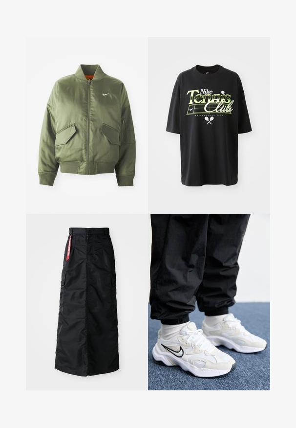 Olivengrøn bomberjakke med ribbet krave og manchetter, lynlås-lukning, to frontlommer og en sidelomme med lynlås. Har Nike-logo i hvid.; Sort bomulds T-shirt med korte ærmer, der har et grønt og hvidt "Nike Tennis Club" grafisk design, samt illustrationer af en tennisbold og en racket.; Sort lang nederdel med frontknap og lynlås, sidelommer, og et rødt "Remove Before Flight" stofmærke på taljen.; Hvide og lys grå atletiske sneakers med en struktureret overdel, tyk sål og sort swoosh-logo. Båret med sorte joggerbukser og hvide sokker.