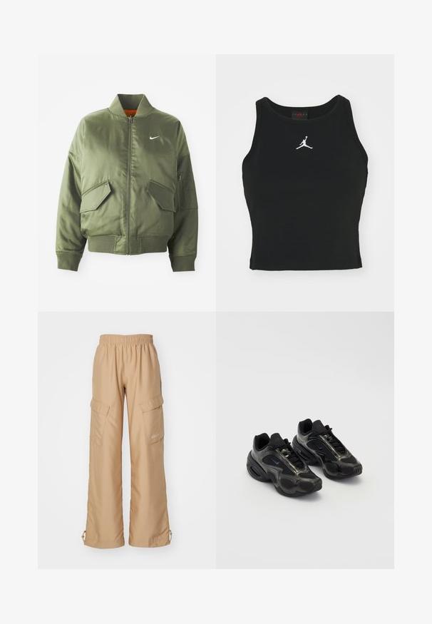Olivengrøn bomberjakke med ribbet krave og manchetter, lynlås-lukning, to frontlommer og en sidelomme med lynlås. Har Nike-logo i hvid.; Sort tætsiddende tanktop lavet af bomuld, med rund udskæring og et hvidt Jordan-logo syet på fronten i midten. Glat tekstur.; Nike Sportswear TREND - Cargobukser - hemp; Sorte sportssko lavet af syntetisk materiale med mesh-detaljer og afrundede såler. Har snørresystem og fremtrædende Nike-logo på tungen.