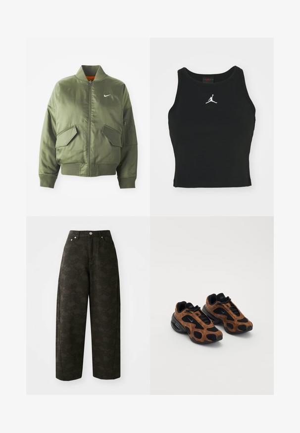 Olivengrøn bomberjakke med ribbet krave og manchetter, lynlås-lukning, to frontlommer og en sidelomme med lynlås. Har Nike-logo i hvid.; Sort tætsiddende tanktop lavet af bomuld, med rund udskæring og et hvidt Jordan-logo syet på fronten i midten. Glat tekstur.; Mørkegrønne vide bukser har et tekstureret blomsterdesign, fem lommer og metalknaplukninger i taljen.; Brune ruskind og sorte mesh sneakers med en rund facon, der har fremtrædende udskæringer og en kraftig sort sål.