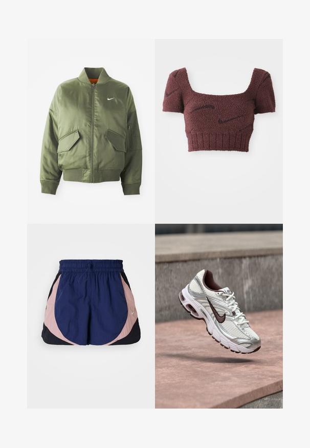 Olijfgroen bomberjack met geribde kraag en manchetten, rits sluiting, twee voorzakken en een zijritszak. Voorzien van het Nike-logo in het wit.; Mauve cropped top met een gestructureerde stof, vierkante halslijn, korte mouwen en geribde zoom, met subtiele donkere patronen door het geheel.; Nike sportshorts met een elastische tailleband, voorzien van marineblauwe, roze en zwarte panelen. Gemaakt van lichtgewicht, textuurstof.; Witte en zilveren Nike hardloopschoen met zwart swoosh-logo zwevend boven een betonnen oppervlak buiten.