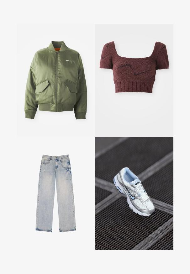 Olivengrøn bomberjakke med ribbet krave og manchetter, lynlås-lukning, to frontlommer og en sidelomme med lynlås. Har Nike-logo i hvid.; Lilla cropped top med et struktureret stof, firkantet halsudskæring, korte ærmer og ribbet kant, med subtile mørke mønstre gennemgående.; Lysblå denimjeans med lige ben-design, der har slidte detaljer, fem lommer og synlige sømdetaljer.; Hvide mesh atletiksko med sølvdetaljer, lyseblå syninger og et sort swoosh-logo. Har en polstret krave og en tekstureret sål.