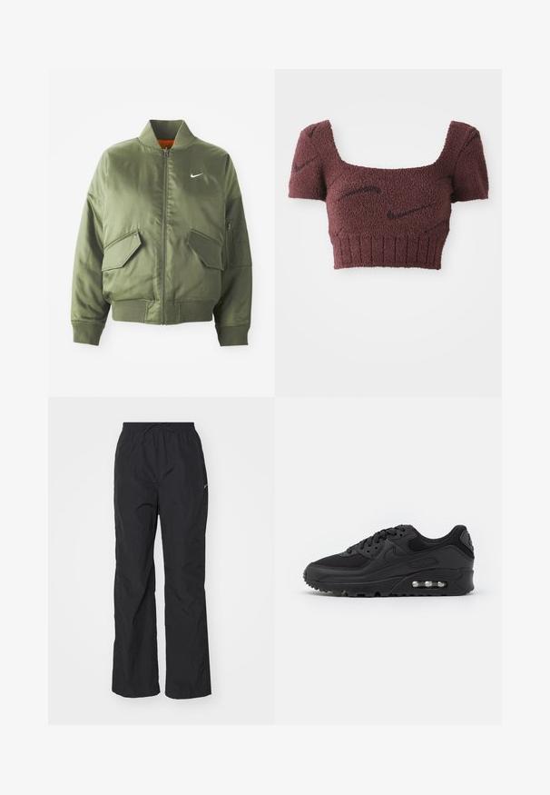 Olivovo zelená bomber bunda s vypčím golierom a manžetami, zipsovým zapínaním, dvoma prednými vreckami a bočným vreckom na zips. Obsahuje logo Nike v bielej farbe.; Lila skrátený top s textúrovanou tkaninou, štvorcovým výstrihom, krátkymi rukávmi a rebrovaným lemom, ktorý je ozdobený jemnými tmavými vzormi.; Čierne, ľahké nohavice s elastickým pásom a šnúrkou. Majú textúrovaný povrch a malú reflexnú nášivku na boku.; Čierna športová teniska s hladkým koženým a sieťovaným zvrškom, okrúhlou špičkou, textúrovanými akcentmi a viditeľnou vzduchovou jednotkou v podrážke.