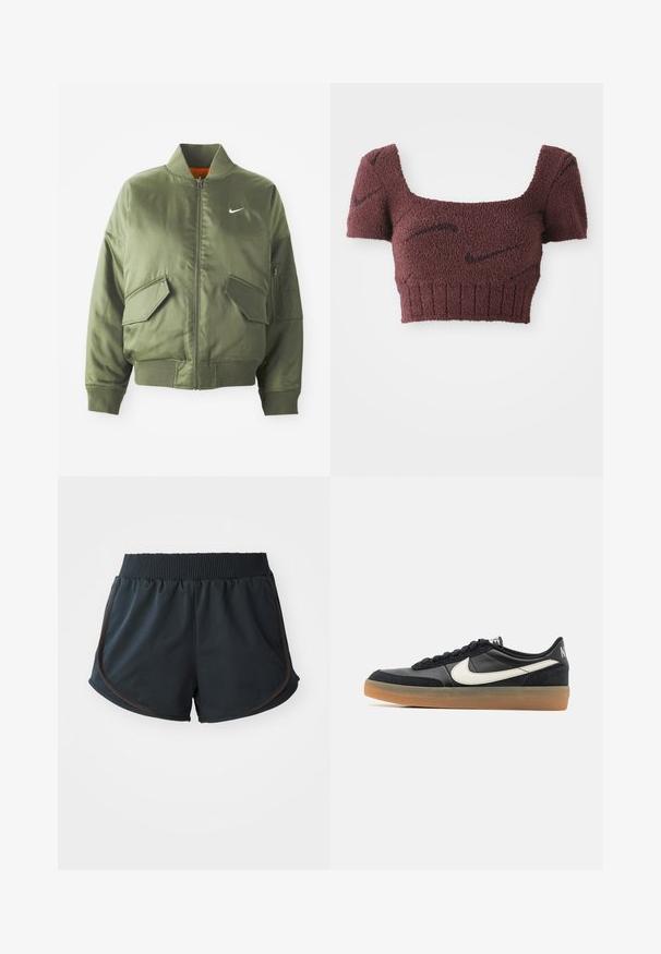 Olive rohelise värvi bomber-jakk ribidega krae ja varrukate, tõmbluku sulgemise, kahe ees oleva tasku ja ühe küljetaskuga. Omab valget Nike logo.; Lilla lühike topp tekstuuriga kangast, ruudukujulise kaelusega, lühikeste varrukatega ja ribakujulise alumise äärega, millel on kogu pinnal õrnad tumedad mustrid.; Mustad mustad spordilühik, millel on soonikuga vöökoht, külgõmblused ja pruunid aktsendid, valmistatud kergest ja siledast kangast.; Mustad mustus treeningjalats tekstureeritud nahast pealsega, valge swooshi logo ja kummist tallaga. Lööki neelav kaelaosa ja lipsu sulg.
