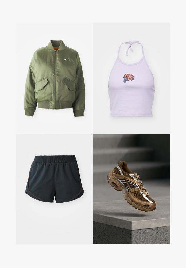 Olive rohelise värvi bomber-jakk ribidega krae ja varrukate, tõmbluku sulgemise, kahe ees oleva tasku ja ühe küljetaskuga. Omab valget Nike logo.; Lilla nööriga crop top, mis on valmistatud puuvillast, sisaldab apelsini- ja tumesinisest roosi tikandit ning kaela juures sõlmimise võimalust.; Mustad mustad spordilühik, millel on soonikuga vöökoht, külgõmblused ja pruunid aktsendid, valmistatud kergest ja siledast kangast.; Pruun ja beež Nike toss võrgumaterjali ja peegeldavate detailidega, hõljumas betoonserva kohal udus halli tausta taustal.