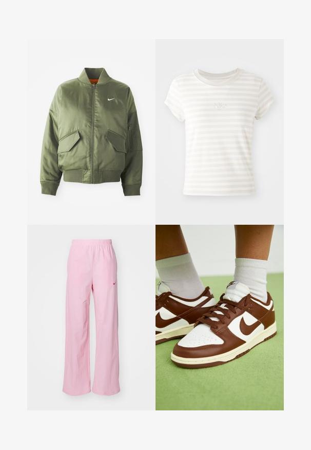 Olivovo zelená bomber bunda s vypčím golierom a manžetami, zipsovým zapínaním, dvoma prednými vreckami a bočným vreckom na zips. Obsahuje logo Nike v bielej farbe.; Biele prúžkové tričko s krátkym rukávom vyrobené z mäkkej bavlny. Má okrúhly výstrih a malé vyšívané logo Nike na hrudi.; Ružové elastické nohavice s uvoľneným strihom. Obsahujú červené logo na ľavej strane a majú hladkú, ľahkú textúru.; Hnedé a biele kožené tenisky s perforovanou špičkou, textúrovanými akcentmi a plochými šnúrkami. Model má nízkoprofilový dizajn a gumovú podrážku.