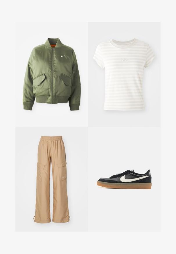 Olivovo zelená bomber bunda s vypčím golierom a manžetami, zipsovým zapínaním, dvoma prednými vreckami a bočným vreckom na zips. Obsahuje logo Nike v bielej farbe.; Biele prúžkové tričko s krátkym rukávom vyrobené z mäkkej bavlny. Má okrúhly výstrih a malé vyšívané logo Nike na hrudi.; Nike Sportswear TREND - Kapsáče - hemp; Čierna atletická obuv s textúrovaným koženým vrchom, bielym logom Swoosh a gumovou podrážkou. Šnurovací dizajn s polstrovaním v oblasti goliera.