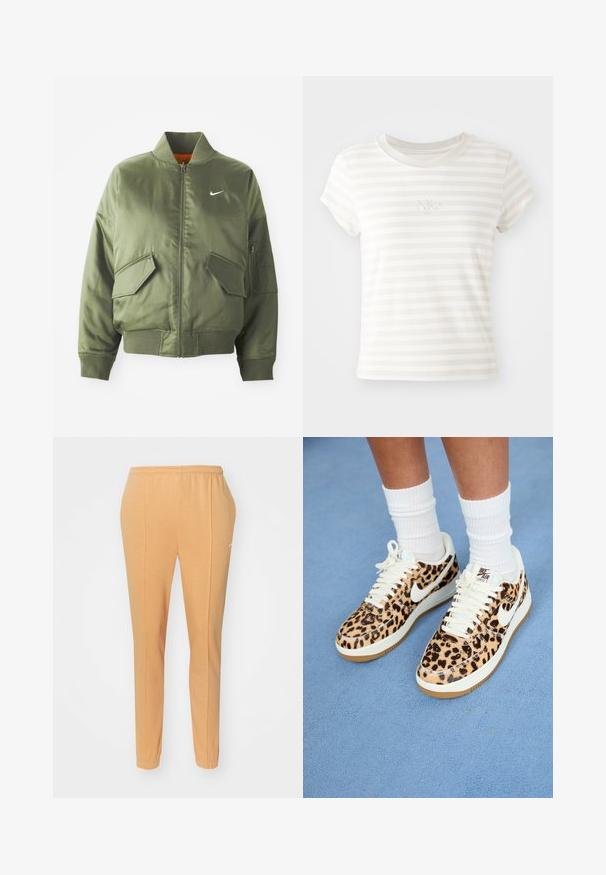 Olivengrøn bomberjakke med ribbet krave og manchetter, lynlås-lukning, to frontlommer og en sidelomme med lynlås. Har Nike-logo i hvid.; Hvidstribet kortærmet t-shirt lavet af blød bomuld. Har en rund halsudskæring og et lille broderet Nike-logo på brystet.; Orange joggebukser lavet af blødt bomuld, med elastisk talje, tætsiddende ben og et diskret hvidt logo på venstre lår.; Leopardprint Nike Air Force 1 sneakers med hvide snørebånd og swoosh, med en tan gummisål og tekstureret overdel. Hvide crew-sokker synlige.