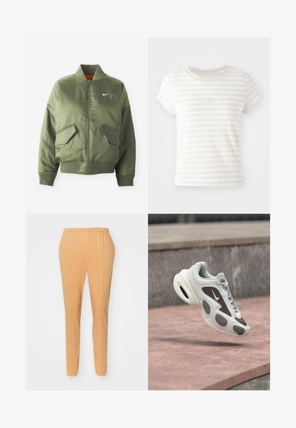 Olivovo zelená bomber bunda s vypčím golierom a manžetami, zipsovým zapínaním, dvoma prednými vreckami a bočným vreckom na zips. Obsahuje logo Nike v bielej farbe.; Biele prúžkové tričko s krátkym rukávom vyrobené z mäkkej bavlny. Má okrúhly výstrih a malé vyšívané logo Nike na hrudi.; Oranžové teplákové nohavice vyrobené z mäkkej bavlny, s elastickým pásom, zúženými nohavicami a decentným bielym logom na ľavom stehne.; Biela a sivá teniska Nike vznášajúca sa nad kamenným povrchom s predným šnurovaním a viditeľným vzduchovým tlmením v podrážke.