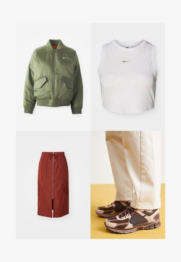 Olivenfarbene Bomberjacke mit geripptem Kragen und Bündchen, Reißverschluss, zwei Fronttaschen und einer seitlichen Reißverschlusstasche. Mit Nike-Logo in Weiß.; Weißes Crop-Top aus weichem, strukturiertem Stoff. Verfügt über einen runden Ausschnitt und einen ärmellosen Schnitt mit einem kleinen goldenen Nike-Logo auf der Vorderseite.; Midikleid in terrakottarot, mit einem Frontreißverschluss, elastischem Bund mit Kordelzug und seitlichen Taschen mit geometrischem Design.; Nike-Sneaker sind aus einer Mischung aus braunem und hellrosa Netz- und Gummi-Material gefertigt, mit schwarzen Akzenten und einer strukturierten Sohle, kombiniert mit beigen Hosen.