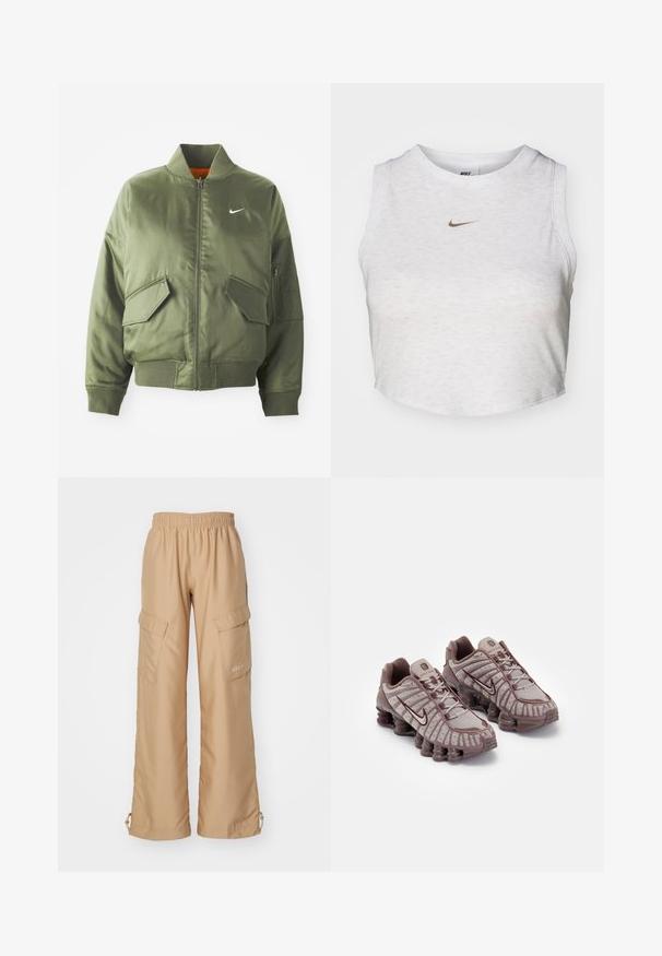 Chaqueta bomber verde oliva con cuello y puños acanalados, cierre de cremallera, dos bolsillos frontales y un bolsillo lateral con cremallera. Presenta el logo de Nike en blanco.; Top corto blanco hecho de una tela suave y texturizada. Presenta un cuello redondo y un diseño sin mangas, con un pequeño logotipo dorado de Nike en la parte delantera.; Nike Sportswear TREND - Pantalones cargo - hemp; Nike Sportswear SHOX TL - Zapatillas - pumice/night maroon/plum eclipse