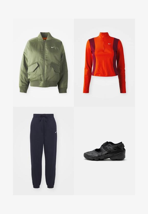 Olivovo zelená bomber bunda s vypčím golierom a manžetami, zipsovým zapínaním, dvoma prednými vreckami a bočným vreckom na zips. Obsahuje logo Nike v bielej farbe.; Červený a fialový nátelník s dlhými rukávmi a štvrť zipsom, s logom Nike na hrudi a priliehavým dizajnom s hladkou textúrou.; Nike tepláky v námornej modrej farbe, vyrobené z mäkkého materiálu. Obsahujú elastický pás s šnúrkou a sťahovacie nohavice. Malý biely logotyp ako akcent.; Čierna športová sandála s uzavretou špičkou, suchými zipsami na priehlavku a päte a hrubou vystlanou podrážkou označenou "AIR" na boku.
