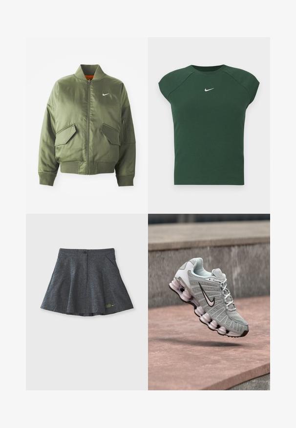 Olive rohelise värvi bomber-jakk ribidega krae ja varrukate, tõmbluku sulgemise, kahe ees oleva tasku ja ühe küljetaskuga. Omab valget Nike logo.; Tümest tumes roheline ribadest lühikesed varrukad sportlik tipp ümmarguse kaelusega, millel on rinna kohal väike valge Nike swooshi logo.; Hallide hallhalli, mis on valmistatud tekstureeritud kangast, millel on vöökoha nupuga sulgemine, kahe küljetasku ja jõhvikusildiga diskreetne tikand himmel.; Helehall Nike toss musta Swooshi logoga, valgete paeltega ja iseloomuliku kevadise tallaga, mis paistab kivise pinna kohal hõljumas.