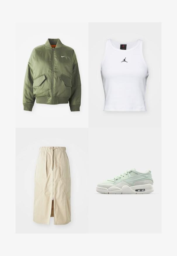 Chaqueta bomber verde oliva con cuello y puños acanalados, cierre de cremallera, dos bolsillos frontales y un bolsillo lateral con cremallera. Presenta el logo de Nike en blanco.; Top corto blanco de algodón con textura acanalada. Cuenta con un logo negro de Jordan en el centro y un clásico escote redondo.; Falda de longitud media en beige, hecha de una tela ligera. Presenta un cierre delantero, cinturilla elástica y bolsillos laterales con diseños angulares.; Zapatilla verde claro con una combinación de texturas de cuero suave y ante, que cuenta con un cuello acolchado, cordones y amortiguación de aire visible en la suela.