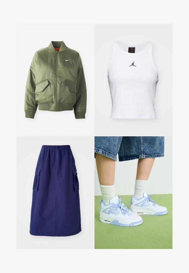Olijfgroen bomberjack met geribde kraag en manchetten, rits sluiting, twee voorzakken en een zijritszak. Voorzien van het Nike-logo in het wit.; Witte crop tanktop van katoen met een ribbeltextuur. Beschikt over een zwart Jordan-logo in het midden en een klassieke ronde hals.; Marineblauwe, middellange rok met een elastische tailleband, voorzien van twee zijcargo pockets en een minimale logo-opdruk. Gladde stoftextuur.; Witte en lichtblauwe sneakers met gaasaccenten, een ronde neus, veters en een luchtkusseneenheid, gecombineerd met witte geribde sokken en denim short.