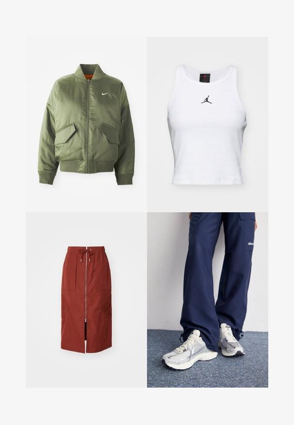 Olivovo zelená bomber bunda s vypčím golierom a manžetami, zipsovým zapínaním, dvoma prednými vreckami a bočným vreckom na zips. Obsahuje logo Nike v bielej farbe.; Biely crop tank top vyrobený z bavlny s rebrovanou textúrou. Obsahuje čierne logo Jordan v strede a klasický okrúhly výstrih.; Sukňa strednej dĺžky v terakotovo červenej farbe, s predným zipsom, elastickým pásom so šnúrkou a bočnými vreckami s geometrickým dizajnom.; Športové topánky Nike s strieborným sieťovaným zvrškom, bielymi detailmi a textúrovanými podrážkami, skombinované s voľnými námorníckymi nohavicami.