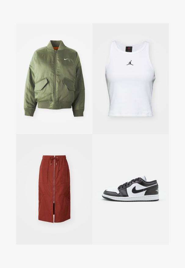 Olivovo zelená bomber bunda s vypčím golierom a manžetami, zipsovým zapínaním, dvoma prednými vreckami a bočným vreckom na zips. Obsahuje logo Nike v bielej farbe.; Biely crop tank top vyrobený z bavlny s rebrovanou textúrou. Obsahuje čierne logo Jordan v strede a klasický okrúhly výstrih.; Sukňa strednej dĺžky v terakotovo červenej farbe, s predným zipsom, elastickým pásom so šnúrkou a bočnými vreckami s geometrickým dizajnom.; Čierno-biele nízke tenisky Nike majú hladký kožený zvršok, okrúlu špičku, šnurovacie zapínanie a vzorovanú gumovú podrážku.