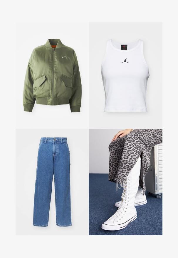 Olivengrøn bomberjakke med ribbet krave og manchetter, lynlås-lukning, to frontlommer og en sidelomme med lynlås. Har Nike-logo i hvid.; Hvid cropped tanktop lavet af bomuld med ribbet tekstur. Har et sort Jordan-logo i midten og en klassisk rund halsudskæring.; Blå denim wide-leg bukser med høj talje, knaplukning og sidelommer. Bleget vask med en blød tekstur og lige snit.; Skridtløse hvide støvler med høj skaft, lavet af canvas, med sorte akcenter. Sammen med en grå leopardmønstret nederdel med sidespalter.