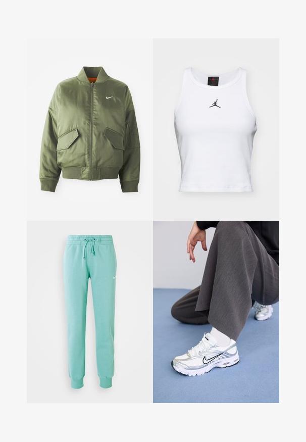 Olivengrøn bomberjakke med ribbet krave og manchetter, lynlås-lukning, to frontlommer og en sidelomme med lynlås. Har Nike-logo i hvid.; Hvid cropped tanktop lavet af bomuld med ribbet tekstur. Har et sort Jordan-logo i midten og en klassisk rund halsudskæring.; Mintgrønne sweatpants med elastisk talje, snoretræk og ribstrikkede manchetter. Har et lille hvidt Nike-logo på venstre lår.; Hvide og sølv atletik sko med meshej og syntetiske materialer, der har sorte accentlinjer, snørebånd og strukturerede såler.