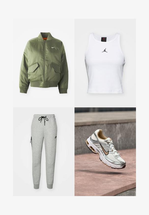 Olivovo zelená bomber bunda s vypčím golierom a manžetami, zipsovým zapínaním, dvoma prednými vreckami a bočným vreckom na zips. Obsahuje logo Nike v bielej farbe.; Biely crop tank top vyrobený z bavlny s rebrovanou textúrou. Obsahuje čierne logo Jordan v strede a klasický okrúhly výstrih.; Šedé tepláky vyrobené z mäkkého materiálu s pásom na šnúrku, zúženými nohavicami a zipsovou vreckom na ľavej strane. Obsahujú čierne logo.; Biely a strieborný bežecký Nike topánka s béžovým logom Swoosh, zobrazená vo vzduchu nad kamenným povrchom s rozmazaným sivým pozadím steny.