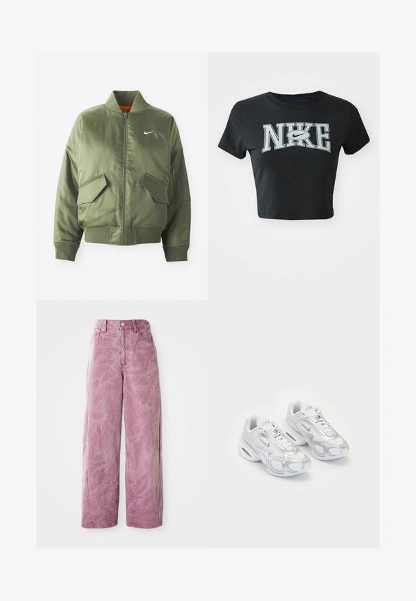 Olivovo zelená bomber bunda s vypčím golierom a manžetami, zipsovým zapínaním, dvoma prednými vreckami a bočným vreckom na zips. Obsahuje logo Nike v bielej farbe.; Čierne skrátené tričko z mäkkej tkaniny s okrúhlym výstrihom. Na prednej strane sa nachádza veľké biele logo Nike v tučnom písmene.; Ružové nohavice s širokými nohavicami a vysokým pásom, so zosvetleným, textúrovaným povrchom, zapínaním na gombík a bočnými vreckami.; Biele športové topánky s vrchom z sieťoviny a striebornými akcentmi, unikátnym tvarom a vzduchovým odpružením v päte. Šnurovací dizajn s logom.