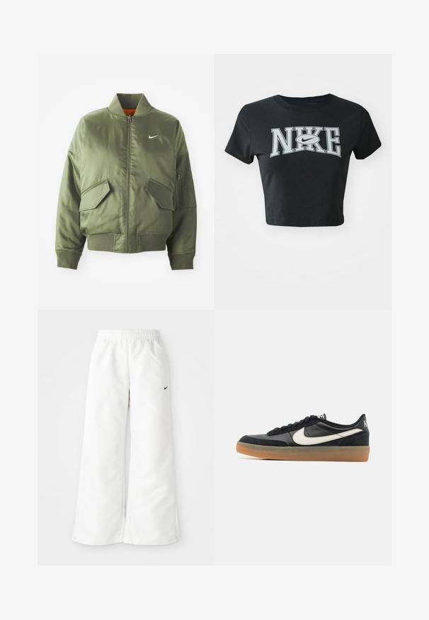 Olivovo zelená bomber bunda s vypčím golierom a manžetami, zipsovým zapínaním, dvoma prednými vreckami a bočným vreckom na zips. Obsahuje logo Nike v bielej farbe.; Čierne skrátené tričko z mäkkej tkaniny s okrúhlym výstrihom. Na prednej strane sa nachádza veľké biele logo Nike v tučnom písmene.; Biele športové nohavice so širokým strihom, elastickým pásom a malým čiernym logom Nike na ľavej strane. Hladký, ľahký materiál.; Čierna atletická obuv s textúrovaným koženým vrchom, bielym logom Swoosh a gumovou podrážkou. Šnurovací dizajn s polstrovaním v oblasti goliera.