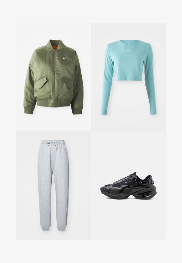 Olive rohelise värvi bomber-jakk ribidega krae ja varrukate, tõmbluku sulgemise, kahe ees oleva tasku ja ühe küljetaskuga. Omab valget Nike logo.; Hele sinine lühikeste varrukatega särk, mis on valmistatud siledast kangast, ümmarguse kaelusega ja rinnal väikese valge logoga.; Heledad hallhalli pehmete puuvillasegistusega, millel on elastne vöökoht ja nöör, kitsenevad sääred ja ribakudumisega mansetid. Minim blown kaubamärgi detail.; Mustad vabaajajajalats läikivate ja võrgust paneelidega, ümardatud tallasegmentide ning väikeste lillekaunistustega kanna ja paelte lähedal.