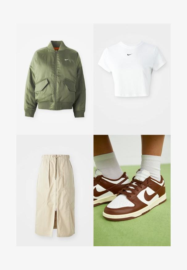 Olijfgroen bomberjack met geribde kraag en manchetten, rits sluiting, twee voorzakken en een zijritszak. Voorzien van het Nike-logo in het wit.; Witte cropped T-shirt van katoen, met korte mouwen en een ronde halslijn, voorzien van een zwart Nike-logo op de borst.; Beige, middellange rok van lichtgewicht stof. Heeft een rits aan de voorkant, een elastische tailleband en zijzakken met hoekige ontwerpen.; Bruine en witte leren sneakers met perforaties bij de teen, getextureerde accenten en platte veters. Het model heeft een lage schacht en een rubberen zool.