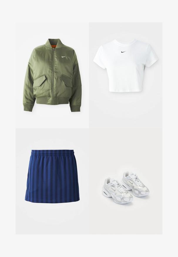 Olijfgroen bomberjack met geribde kraag en manchetten, rits sluiting, twee voorzakken en een zijritszak. Voorzien van het Nike-logo in het wit.; Witte cropped T-shirt van katoen, met korte mouwen en een ronde halslijn, voorzien van een zwart Nike-logo op de borst.; Marineblauwe rok met verticale strepen, elastische tailleband, lengte tot halverwege het bovenbeen, gemaakt van lichte stof, gladde textuur.; Witte sportieve schoenen met een bovenwerk van mesh en zilveren accenten, in een unieke vorm en met luchtkussen in de hiel. Gespannen ontwerp met logo.