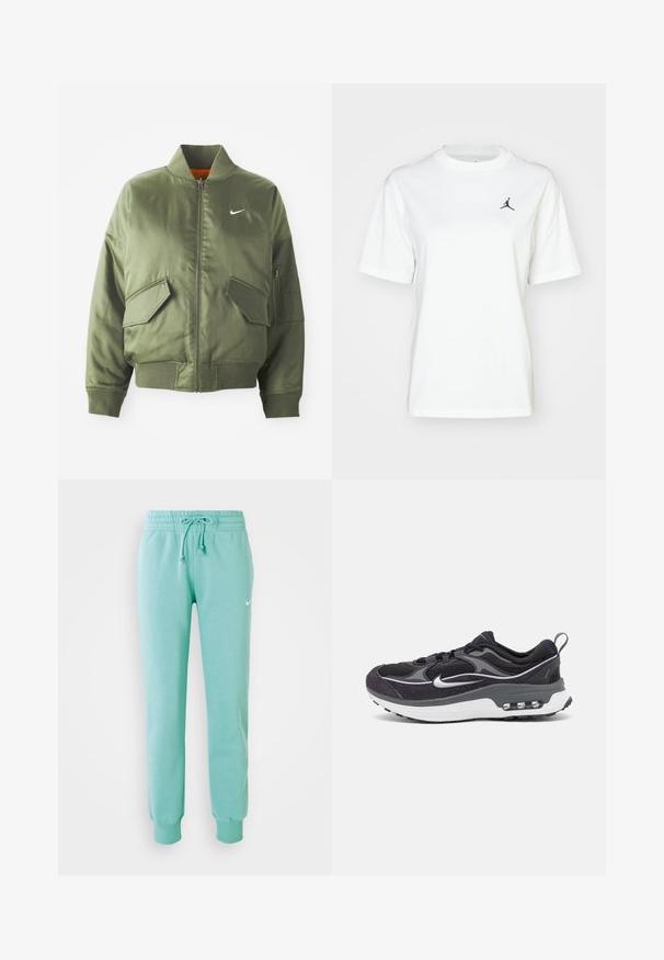 Chaqueta bomber verde oliva con cuello y puños acanalados, cierre de cremallera, dos bolsillos frontales y un bolsillo lateral con cremallera. Presenta el logo de Nike en blanco.; Camiseta de algodón blanca con mangas cortas, cuello redondo y un pequeño logo negro de Jordan en la parte superior izquierda del pecho.; Pantalones de chándal verde menta con cintura elástica, cordón y puños acanalados. Cuenta con un pequeño logo blanco de Nike en el muslo izquierdo.; Zapatillas Nike en negro y gris con parte superior de malla, acentos texturizados, suela acolchada y una unidad de aire visible en el talón.