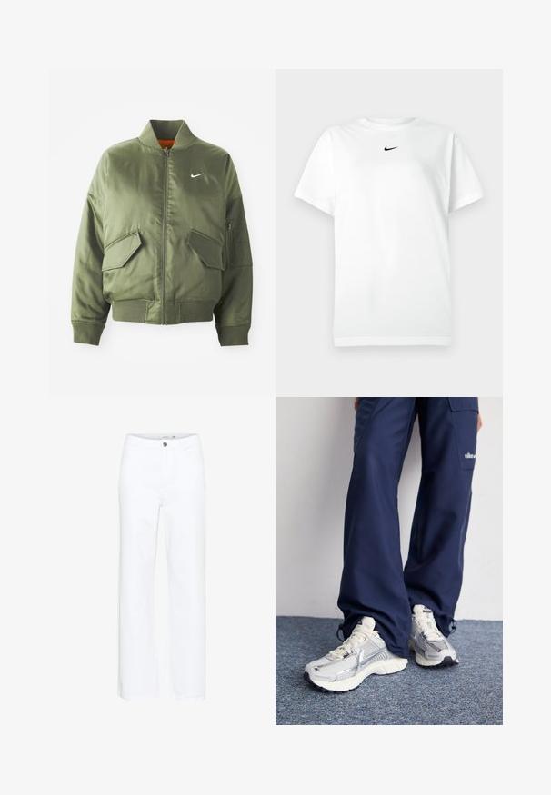 Olivovo zelená bomber bunda s vypčím golierom a manžetami, zipsovým zapínaním, dvoma prednými vreckami a bočným vreckom na zips. Obsahuje logo Nike v bielej farbe.; Biele tričko s krátkym rukávom a okrúhlym výstrihom, na ktorom je malé čierne logo Nike swoosh umiestnené tesne pod výstrihom.; Biele nohavice s širšími nohavicami vyrobené z denimu. Majú zapínanie na gombík a tradičný dizajn s piatimi vreckami. Hladký povrch s čistým zakončením.; Športové topánky Nike s strieborným sieťovaným zvrškom, bielymi detailmi a textúrovanými podrážkami, skombinované s voľnými námorníckymi nohavicami.