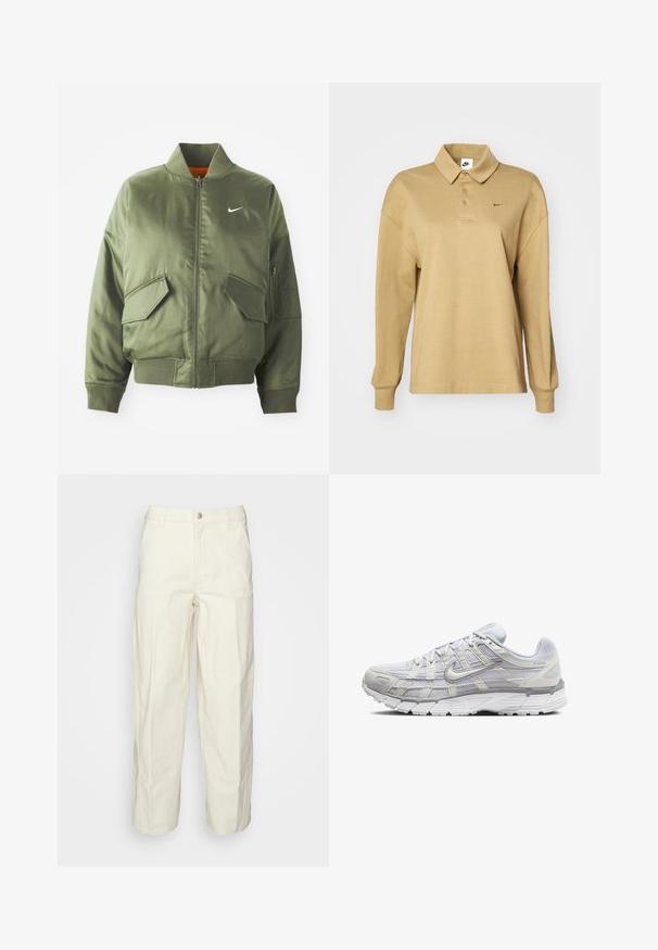 Olivovo zelená bomber bunda s vypčím golierom a manžetami, zipsovým zapínaním, dvoma prednými vreckami a bočným vreckom na zips. Obsahuje logo Nike v bielej farbe.; Béžová polokošeľa s dlhým rukávom vyrobená z bavlny, so golierom, tromi gombíkmi a jemným čiernym logo Nike v tvare swoosh.; Svetlo béžové úžitkové nohavice s uvoľneným strihom, na gombíkový uzáver a s náprsními vreckami vpredu. Vyrobené z odolnej bavlnenej tkaniny.; Svetlo šedé športové topánky s vrchom z ďalekého a syntetického materiálu, so šnurovacím uzáverom, polstrovaným golierom a štruktúrovanou podrážkou pre lepšiu priľnavosť.