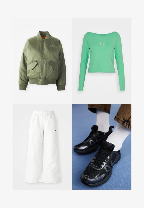 Olivengrøn bomberjakke med ribbet krave og manchetter, lynlås-lukning, to frontlommer og en sidelomme med lynlås. Har Nike-logo i hvid.; Langærmet, cropped mintgrøn skjorte lavet af glat bomuld, med rund halsudskæring og et hvidt Nike Air-logo på brystet.; Hvide atletiske bukser med et bredbenet design, elastisk talje og et lille sort Nike-logo på venstre side. Glat, let materiale.; Sorte Nike-sneakers med mesh og syntetisk materiale, der har en struktureret overdel, sorte snørebånd og holdbare gummisåler. Hvide ribstrikkede sokker er synlige.
