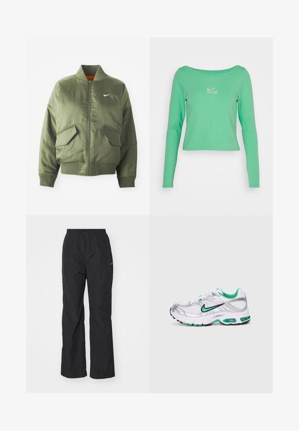 Olivovo zelená bomber bunda s vypčím golierom a manžetami, zipsovým zapínaním, dvoma prednými vreckami a bočným vreckom na zips. Obsahuje logo Nike v bielej farbe.; Dlhý rukáv, skrátená, mentolovo zelená košeľa vyrobená z hladkej bavlny, s okrúhlym výstrihom a bielym logom Nike Air na hrudi.; Čierne, ľahké nohavice s elastickým pásom a šnúrkou. Majú textúrovaný povrch a malú reflexnú nášivku na boku.; Biele, strieborné a zelené bežecké topánky Nike. Obsahujú sieťovinový a syntetický materiál, polstrovaný golier a odpruženú podrážku s viditeľnými vzduchovými jednotkami.