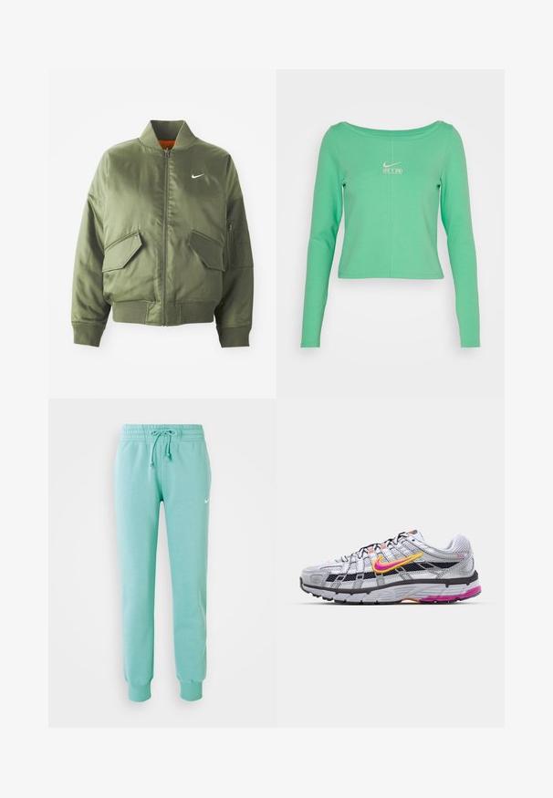 Olijfgroen bomberjack met geribde kraag en manchetten, rits sluiting, twee voorzakken en een zijritszak. Voorzien van het Nike-logo in het wit.; Langsleeve, cropped shirt in mintgroen van glad katoen, met een ronde halslijn en een wit Nike Air-logo op de borst.; Mintgroene sweatshirtbroek met een elastische tailleband, koord en geribde boorden. Bevat een klein wit Nike-logo op de linker bovenbeen.; Grijze mesh hardloopschoen met een opvallende roze en gele swoosh, zwarte accenten en een gestructureerde rubberen zool. Kenmerkt zich door een verstevigde neus en een gevoerde kraag.