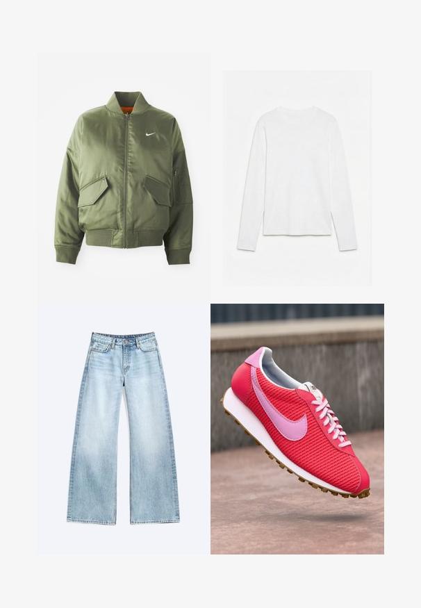 Olivengrøn bomberjakke med ribbet krave og manchetter, lynlås-lukning, to frontlommer og en sidelomme med lynlås. Har Nike-logo i hvid.; Helt hvid langærmet t-shirt med rund hals lagt fladt på en hvid overflade, der viser fronten og hele ærmelængden.; Lyseblå jeans med vide ben, forlommer, bæltestropper, knap og lynlåslukning på en ensfarvet hvid baggrund.; Lys pink og rød strikket sneakers med lyserød logo og snørebånd, hvid sål og brun bund flyvende over en betonoverflade.