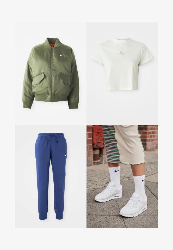 Olivengrøn bomberjakke med ribbet krave og manchetter, lynlås-lukning, to frontlommer og en sidelomme med lynlås. Har Nike-logo i hvid.; Kort hvid cropped t-shirt med et lille beige Nike ACG-logo centreret under halsudskæringen; Blå Nike sweatpants med elastisk talje, snøre, afsluttende ankler og hvid Nike swoosh-logo på venstre lår.; Hvide Nike Air Max 90 sneakers med mesh og læderoverdel, der har en synlig luftenhed, parret med hvide ribbede sokker med sort logo.