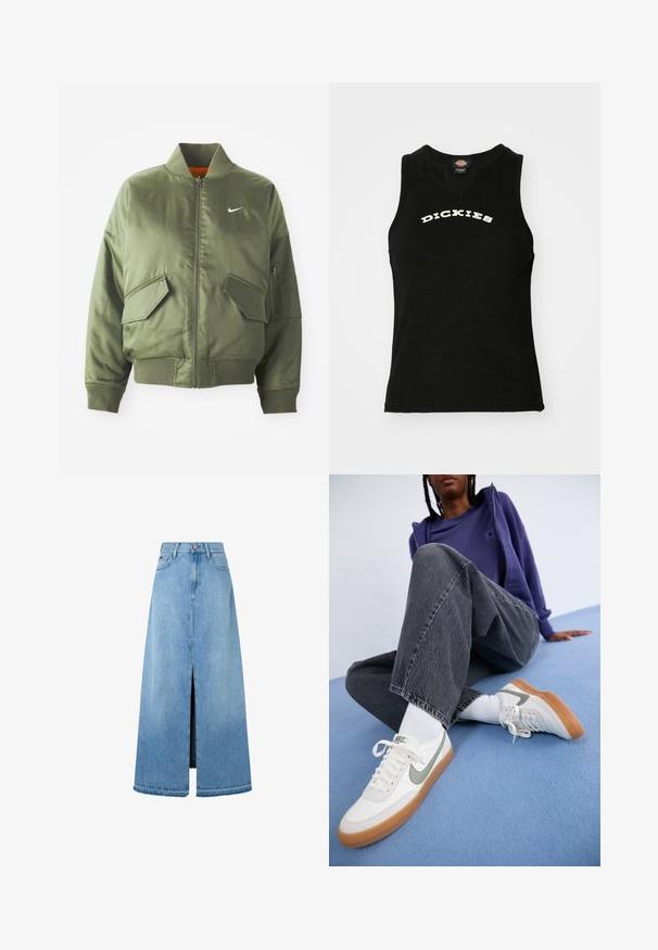 Olivenfarbene Bomberjacke mit geripptem Kragen und Bündchen, Reißverschluss, zwei Fronttaschen und einer seitlichen Reißverschlusstasche. Mit Nike-Logo in Weiß.; Schwarzes ärmelloses Tanktop mit gerippter Textur, mit einem weißen, geschwungenen "DICKIES"-Logo auf der Brust und einem V-Ausschnitt.; Hellblauer Denim-Maxirock mit einem Frontschlitz, typischer A-Linien-Form, verarbeitetem Saum und klassischem Fünf-Taschen-Design. Knopfverschluss an der Taille.; Weiße Nike-Sneaker mit grauen Akzenten, Gummisohle, getragen mit weißen Socken. Dunkelgraue, leicht verwaschene, weit geschnittene Jeans. Blauer Hintergrund.