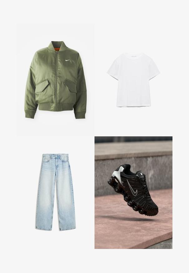 Olijfgroen bomberjack met geribde kraag en manchetten, rits sluiting, twee voorzakken en een zijritszak. Voorzien van het Nike-logo in het wit.; Effen wit T-shirt met korte mouwen en ronde hals, met een rechte zoom, gepresenteerd tegen een witte achtergrond.; Lichtblauwe denim wijde jeans met een hoge taille, vijf zakken, een knoopsluiting en een vervaagde afwerking. Heeft rechte, losse benen.; Zwarte sportschoen met een bovenwerk van getextureerd mesh, zilverkleurige accenten en een dikke, glanzende zwarte zool met afgeronde dempingselementen.