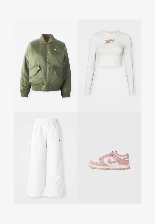 Olive rohelise värvi bomber-jakk ribidega krae ja varrukate, tõmbluku sulgemise, kahe ees oleva tasku ja ühe küljetaskuga. Omab valget Nike logo.; Valge pika varrukaga lühikese lõikega topp, mis on valmistatud siledast kangast, esitades kuldse Nike logo trükiga rinnal ja klassikalise ümarate kaelusega.; Valged spordipüksid laia jalaga disainiga, elastse vöökohtaga ja väike must Nike logo vasakul küljel. Sile, kerge materjal.; Tenistijal on pehme roosa suede ülemine osa, valged nahkpaneelid ja tekstureeritud kummitald. Kõrge kvaliteediga swoosh logo külgedel, nööridega disain.