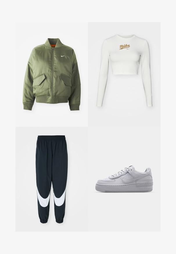 Olivovo zelená bomber bunda s vypčím golierom a manžetami, zipsovým zapínaním, dvoma prednými vreckami a bočným vreckom na zips. Obsahuje logo Nike v bielej farbe.; Biele dlhé rukávy cropped tričko vyrobené z hladkej tkaniny, s potlačou zlatého loga Nike na hrudi a klasickým okrúhlym výstrihom.; Čierne teplákové nohavice s bielymi zakrivenými panelmi, elastickým pásom a zhromaždenými manžetami, vyrobené z ľahkej látky a vo voľnom strihu.; Šedé tenisky Nike Air Force 1 s perforovanou špičkou, hladkým koženým zvrškom, hrubou podrážkou a embosovaným detailom 'AIR' na päte.