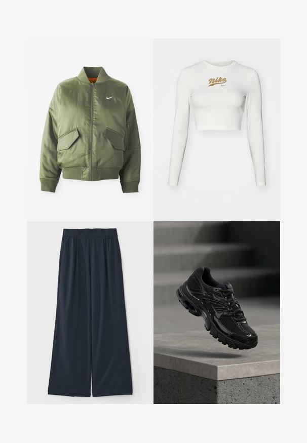 Chaqueta bomber verde oliva con cuello y puños acanalados, cierre de cremallera, dos bolsillos frontales y un bolsillo lateral con cremallera. Presenta el logo de Nike en blanco.; Crop top blanco de manga larga, hecho de una tela suave, que presenta un estampado del logo dorado de Nike en el pecho y un clásico escote redondo.; Pantalones de pierna ancha en un azul marino oscuro, elaborados en una tela suave; cuentan con una cinturilla elástica y dos bolsillos laterales para mayor comodidad.; Zapatilla de running negra de Nike con parte superior de malla y sintética flotando sobre una superficie de hormigón y escalones de fondo.