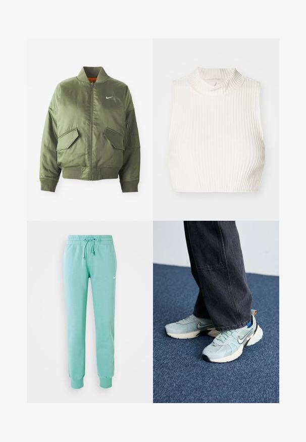 Olivovo zelená bomber bunda s vypčím golierom a manžetami, zipsovým zapínaním, dvoma prednými vreckami a bočným vreckom na zips. Obsahuje logo Nike v bielej farbe.; Biely rebrovaný bezrukávový crop top s vysokým golierom a jemným detailom gombíka na golieri, vyrobený z hladkej, elastickej látky.; Mentolové tepláky s elastickým pásom, šnúrkou na stiahnutie a rebrovanými manžetami. Na ľavom stehne sa nachádza malé biele logo Nike.; Svetlo modré sieťované Nike tenisky s textúrovaným povrchom, čiernym swooshom a krémovou medzipodrážkou, skombinované s tmavošedými širokými nohavicami.