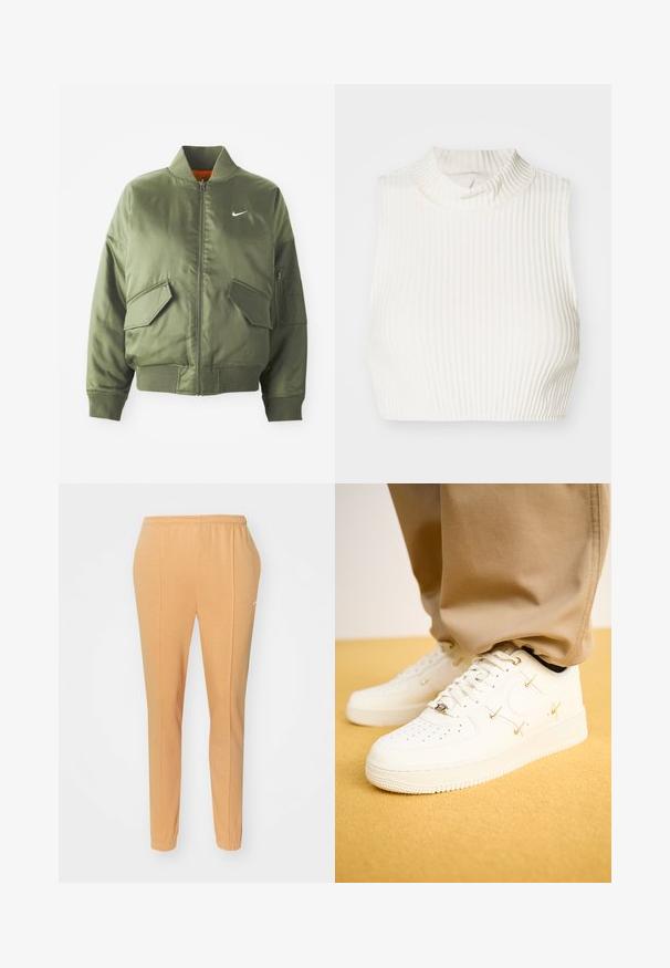 Olive rohelise värvi bomber-jakk ribidega krae ja varrukate, tõmbluku sulgemise, kahe ees oleva tasku ja ühe küljetaskuga. Omab valget Nike logo.; Valge ribaga ilma varrukateta lühike topp kõrge kaelusega ja peene nööpdetailiga kaela juures, valmistatud siledast ja venivast kangast.; Kergelt kotkast valmistatud oranžid jooksupüksid, millel on elastne vöökoht, kitsenevad jalad ja peene valge logo vasakul reitel.; Valge nahast tossud perforatsiooniga varbaküljel, kuldsed aktsendid ja lame nöör, koos beežide pükstega tekstureeritud kollasel pinnal.